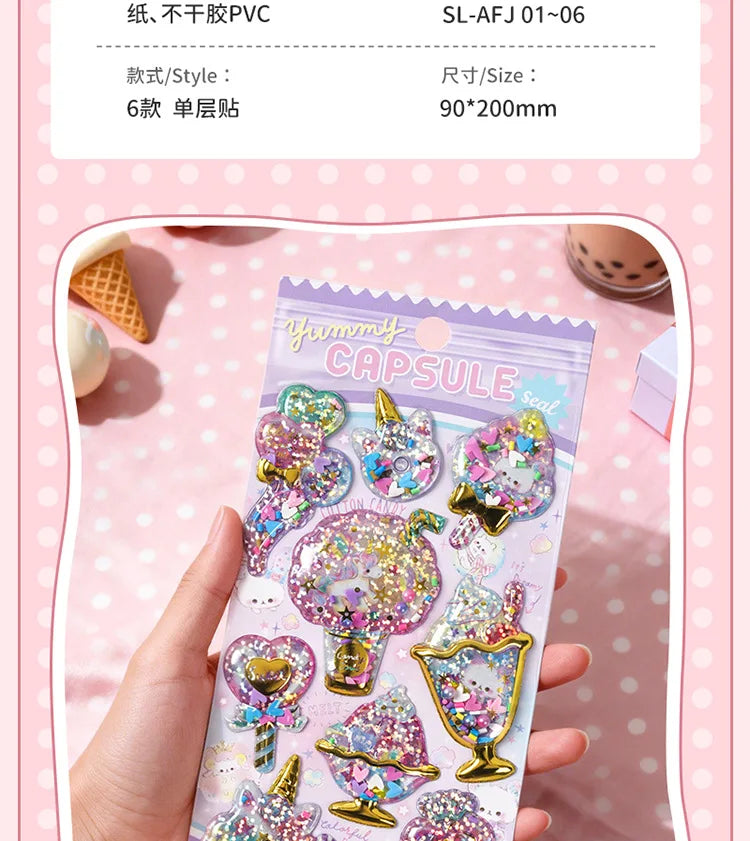 Kawaii Capsule Sparkling 3D Stickers Scrapbooking Diy Journal Stationery Sticker Cute Deco Art School Supplies Beauty World Shop