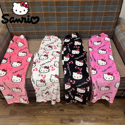 2024 Sanrio Hello Kitty Pajamas Halloween Flannel Fashion Trouserswomen Kawaii Woolen Anime Cartoon Casual Home Pants Autumn Beauty Fashion