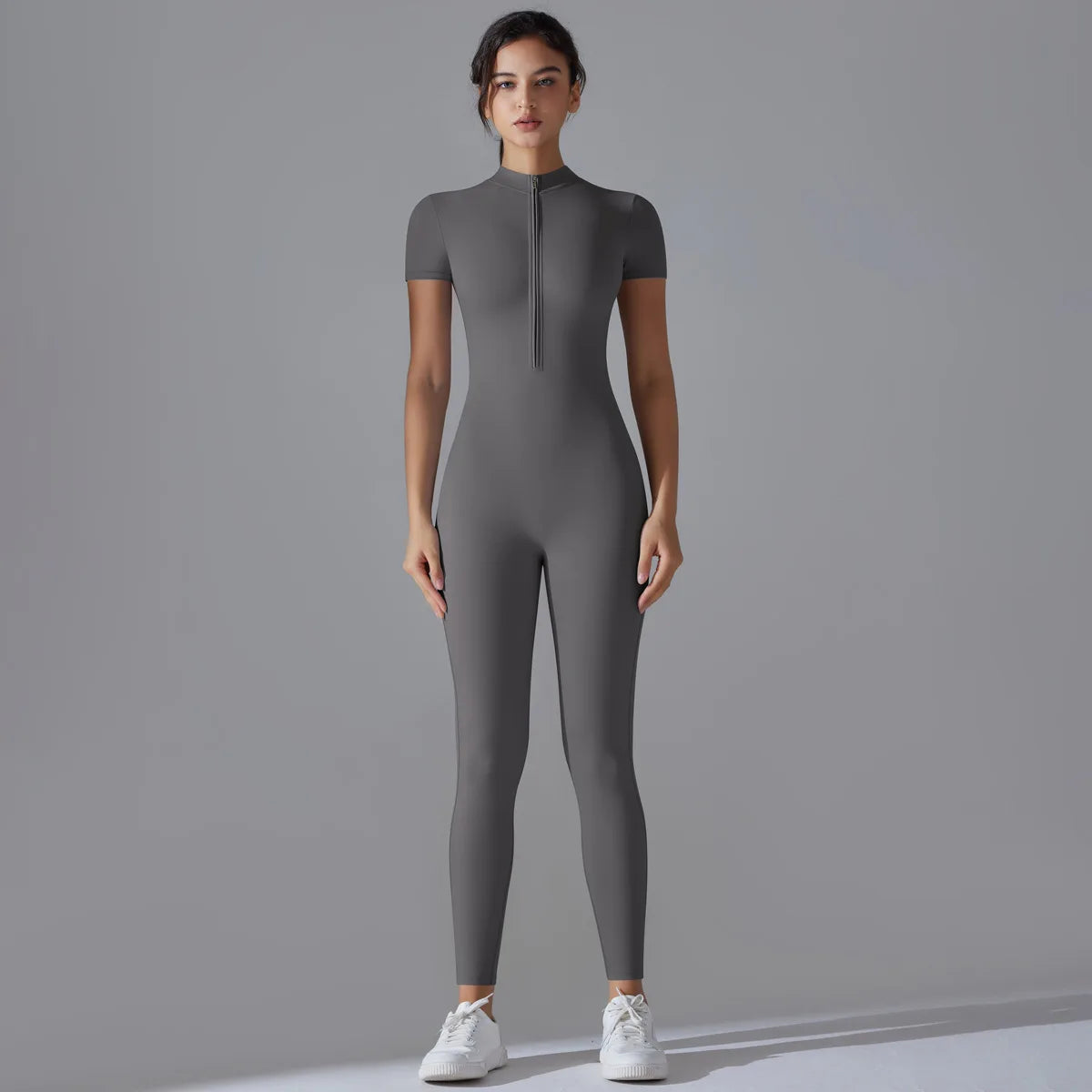 Naked zipper short sleeved yoga suit jumpsuit, quick drying breathable outdoor sports tight fitting jumpsuit, fitness suit Beauty World Shop