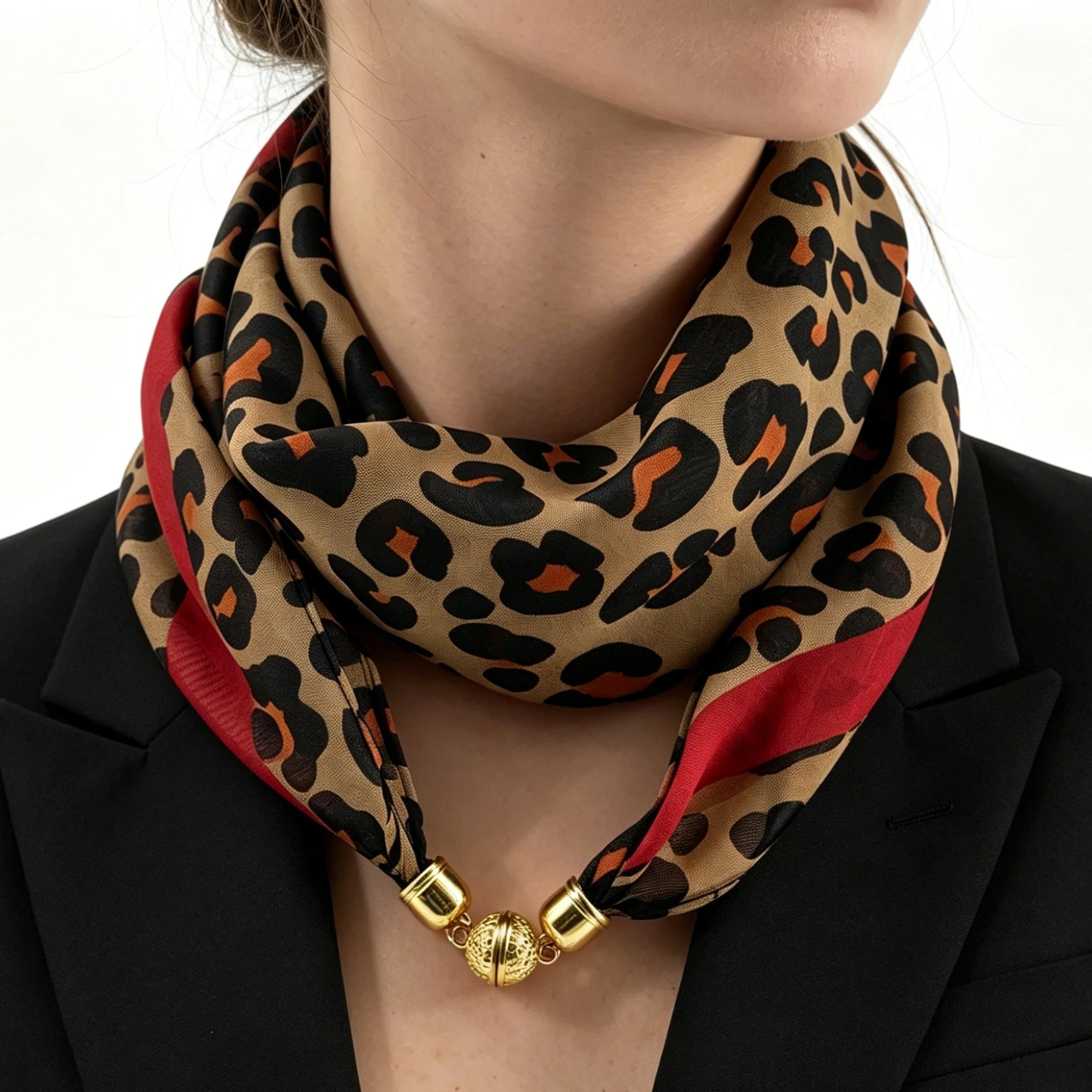Leopard Print Magnetic Buckle Scarf, 60cm Square Thin Chiffon Neck Scarf, Quick & Easy Wear Fastening Neck Wrap,Decorative Scarf Beauty World Shop