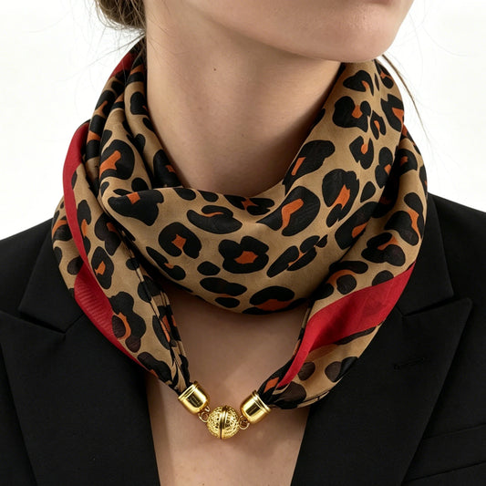 Leopard Print Magnetic Buckle Scarf, 60cm Square Thin Chiffon Neck Scarf, Quick & Easy Wear Fastening Neck Wrap,Decorative Scarf Beauty World Shop