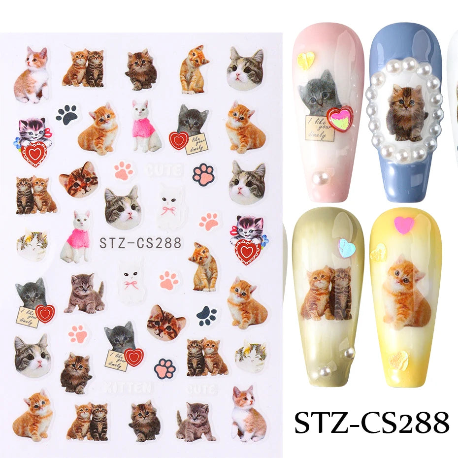 Lovely Dog Cat Animal Bunny 3D Korean Cartoon Scrawl Relief Self Adhesive Nail Art Stickers Cute Pretty Puppy Kitty Star Manicur Beauty World Shop