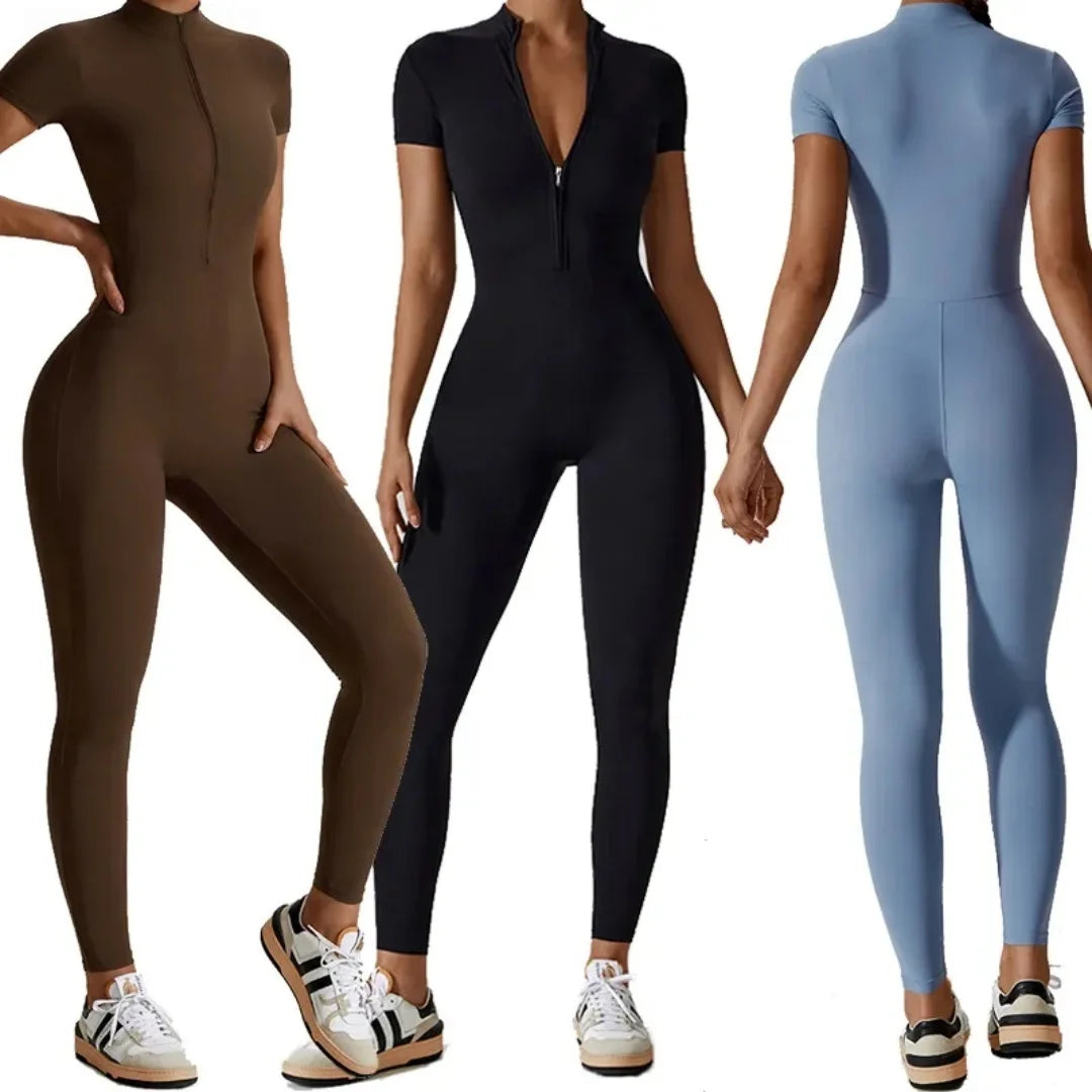 Naked zipper short sleeved yoga suit jumpsuit, quick drying breathable outdoor sports tight fitting jumpsuit, fitness suit Beauty World Shop