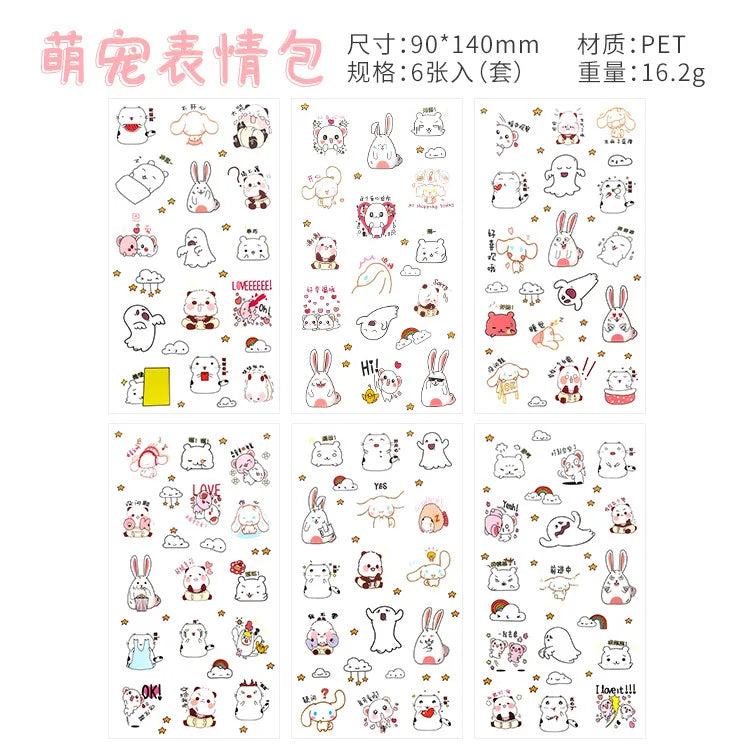 6Pcs/Lot Waterproof Cartoon Transparent Pvc Stickers DIY Hand Account Diary Decorative Stickers Kawaii Phone Cup Stickers Beauty World Shop