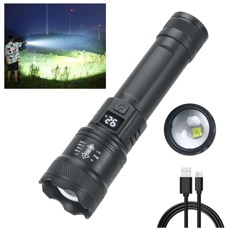 High Strong Power Led Flashlights 2000LM Tactical Torch with Display Light USB Charging Camping Fishing Emergency Zoom Lantern Beauty World Shop