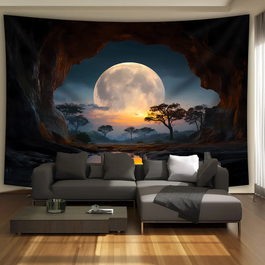 1 piece Tranquil Cave Forest Moon Scenery Tapestry - Polyester fabric, machine washable, suitable for living room, bedroom Home Accessories Store