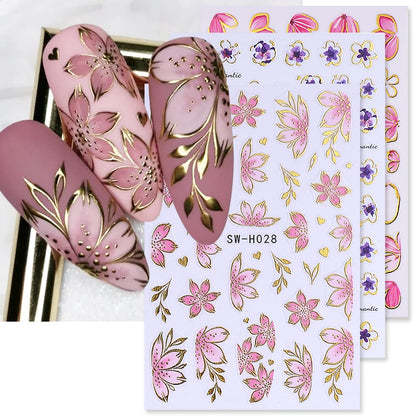 2/3pcs Golden Pink Hibiscus Flower Nail Stickers 3D Bronzing Border Petals Sakura Line Sliders Nail Decals DIY Manicure Decor Beauty World Shop