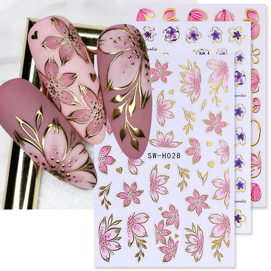 2/3pcs Golden Pink Hibiscus Flower Nail Stickers 3D Bronzing Border Petals Sakura Line Sliders Nail Decals DIY Manicure Decor Beauty World Shop