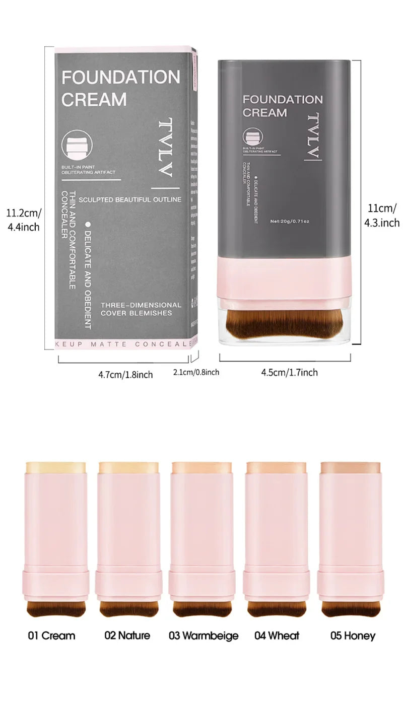 TVLV Concealing Foundation Stick: 5 Shades with Built-In Brush - Cream Finish, Lightweight and Waterproof Formula, Beauty Trend Shop