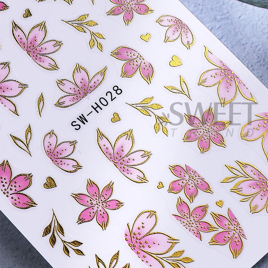 2/3pcs Golden Pink Hibiscus Flower Nail Stickers 3D Bronzing Border Petals Sakura Line Sliders Nail Decals DIY Manicure Decor Beauty World Shop