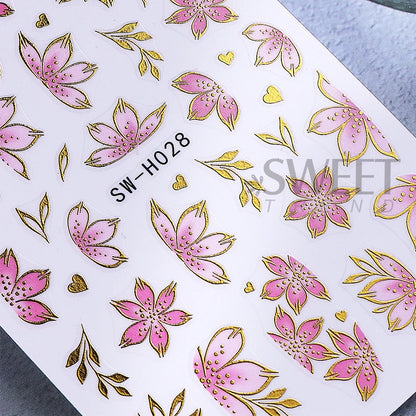 2/3pcs Golden Pink Hibiscus Flower Nail Stickers 3D Bronzing Border Petals Sakura Line Sliders Nail Decals DIY Manicure Decor Beauty World Shop