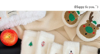 Autumn And Winter Socks, White Mink Fur Christmas Socks, Snowman Santa Claus Christmas Tree Elements, Thickened Warm Socks Beauty World Shop