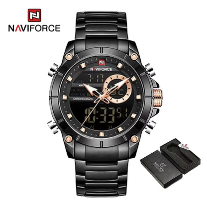 NAVIFORCE 9163 Luxury Original Sport Wrist Watch For Men Quartz Steel Waterproof Dual Display Military Watches Relogio Masculino Beauty World Shop