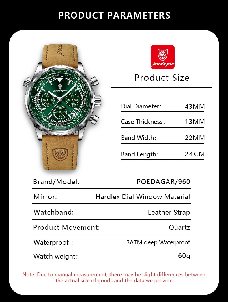 POEDAGAR Luxury Business Men's Watch Waterproof Luminous Date Chronograph Leather Man Clock Fashion Quartz Watches For Men Reloj Beauty World Shop
