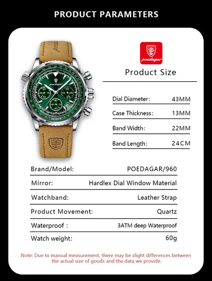 POEDAGAR Luxury Business Men's Watch Waterproof Luminous Date Chronograph Leather Man Clock Fashion Quartz Watches For Men Reloj Beauty World Shop