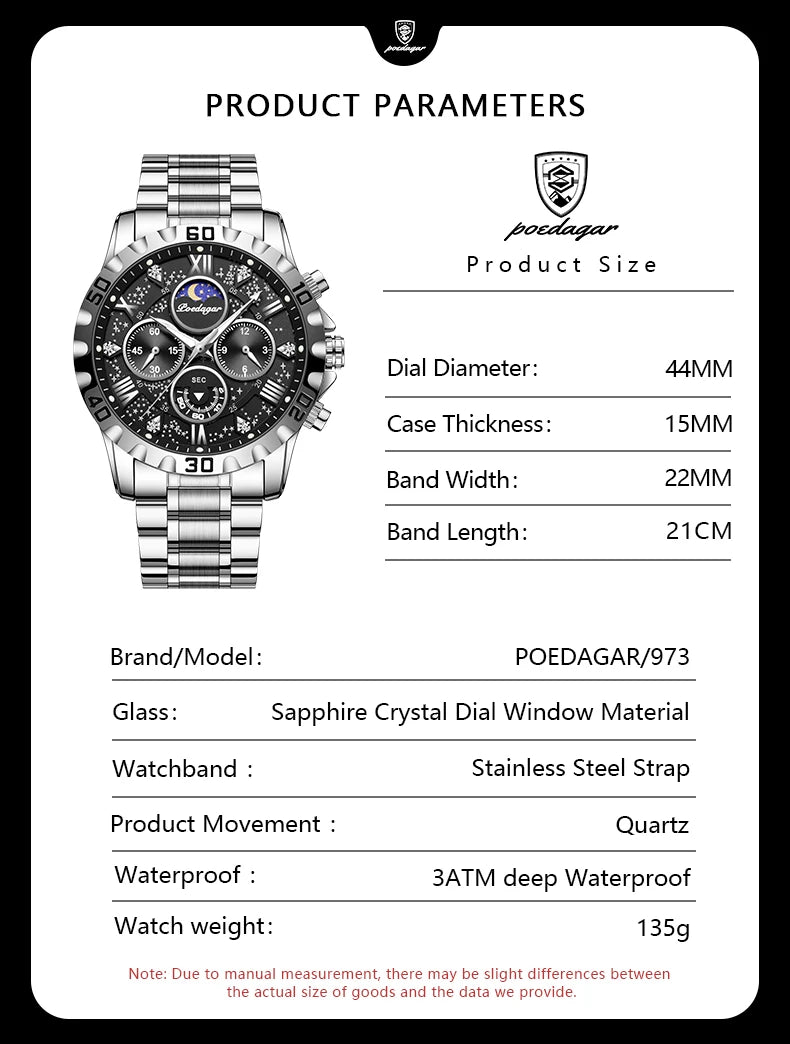 POEDAGAR Luxury Man Watch Waterproof Luminous Stainless Steel Quartz Men's Wristwatch Chronograph Military Watches For Men Reloj Beauty World Shop