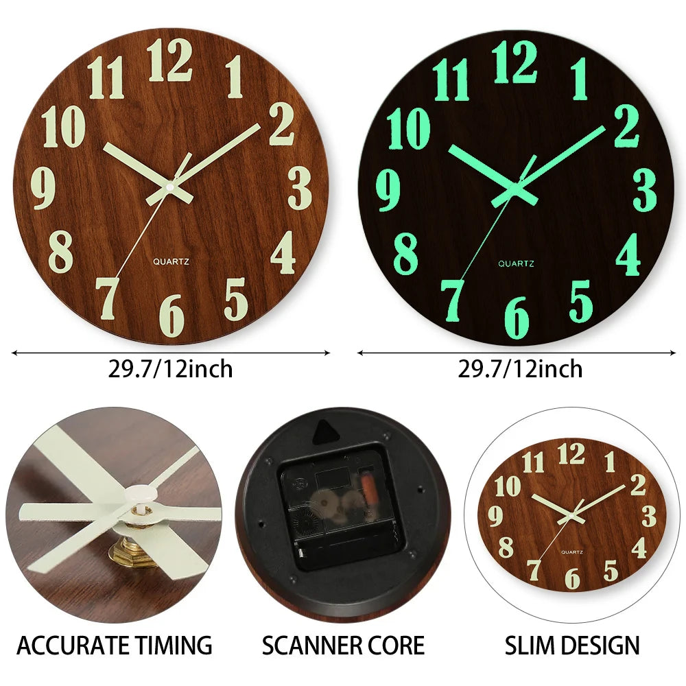12 Inch Luminous Wall Clock Wood Silent light in dark night Nordic Fashion Wall Clock Non Ticking Clock With Night Light Beauty World Shop
