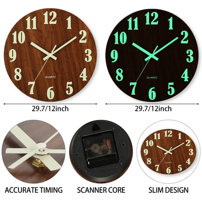 12 Inch Luminous Wall Clock Wood Silent light in dark night Nordic Fashion Wall Clock Non Ticking Clock With Night Light Beauty World Shop