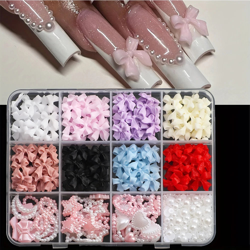 500PCS 3D Nail Art Decoration Kit with Resin Bows, Flat Back Pearls, and Assorted Shapes – Unscented DIY Craft Embellishments Beauty World Shop