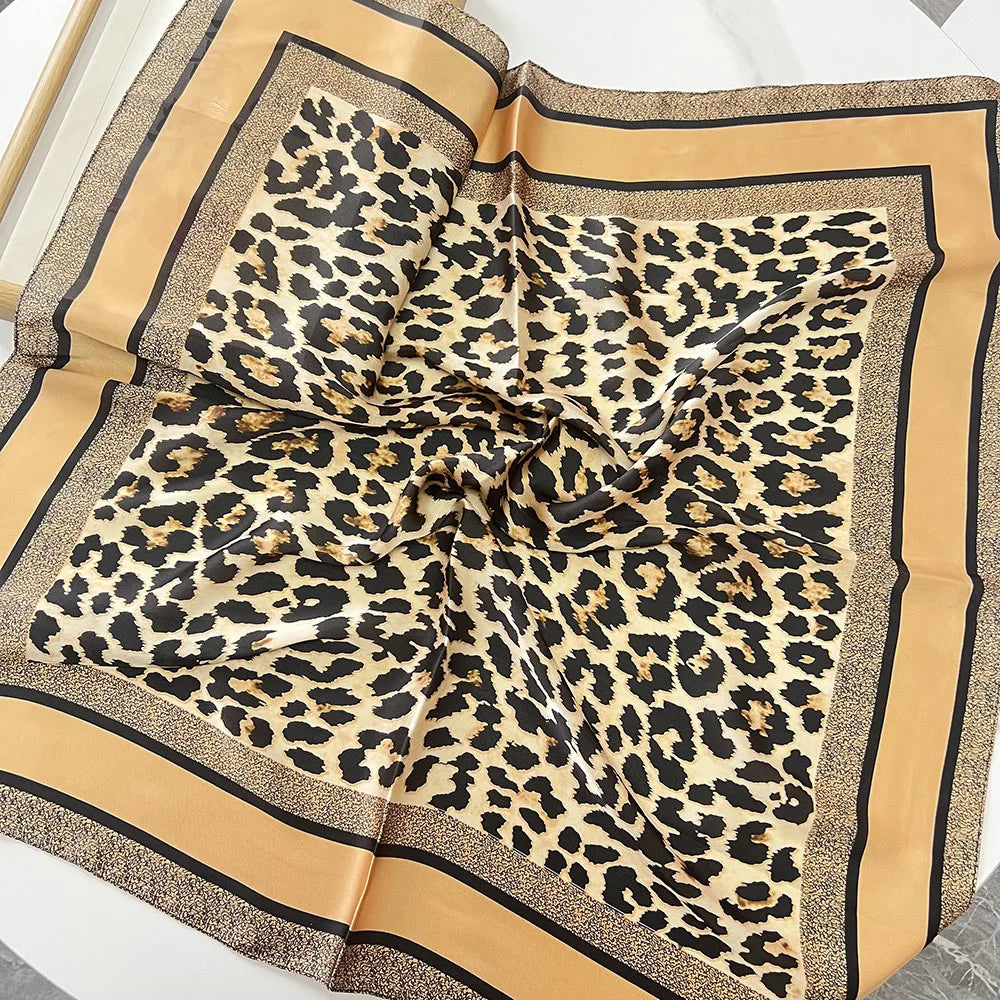 1pcs 70cm Leopard Print Silk Scarf for Women Imitation Silk Light Luxury Versatile Headwear Bag Decoration Clothing Square Scarf Beauty World Shop