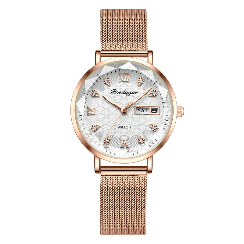 POEDAGAR Top Elegant Women's Watches Stainless Steel Date Week Woman Watch Waterproof Luminous Fashion Ladies Watch Quartz Reloj Beauty World Shop