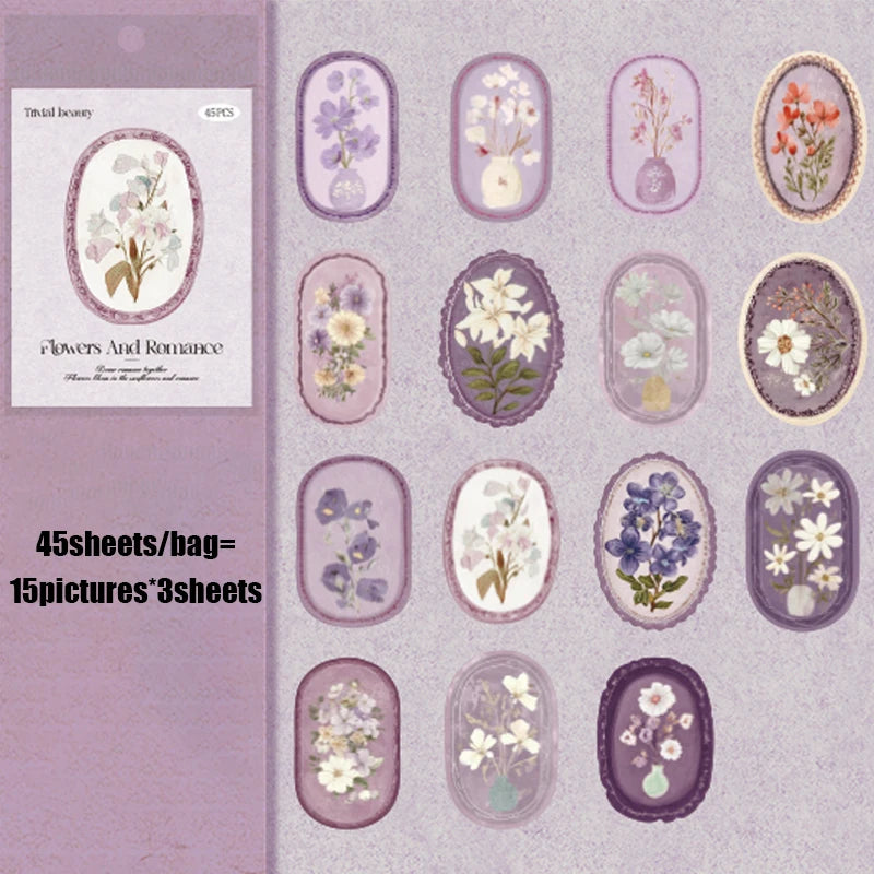 Mr. Paper 45pcs Serene Florals Sticker Pack - Boxed Flower Theme Collection, DIY Journal Collage Decor Set, Literary Stationery Beauty World Shop