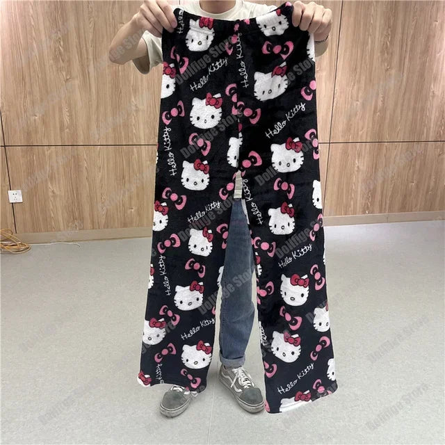 2024 Sanrio Hello Kitty Pajamas Halloween Flannel Fashion Trouserswomen Kawaii Woolen Anime Cartoon Casual Home Pants Autumn Beauty Fashion