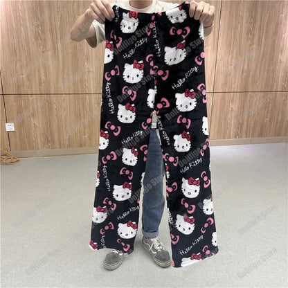 2024 Sanrio Hello Kitty Pajamas Halloween Flannel Fashion Trouserswomen Kawaii Woolen Anime Cartoon Casual Home Pants Autumn Beauty Fashion