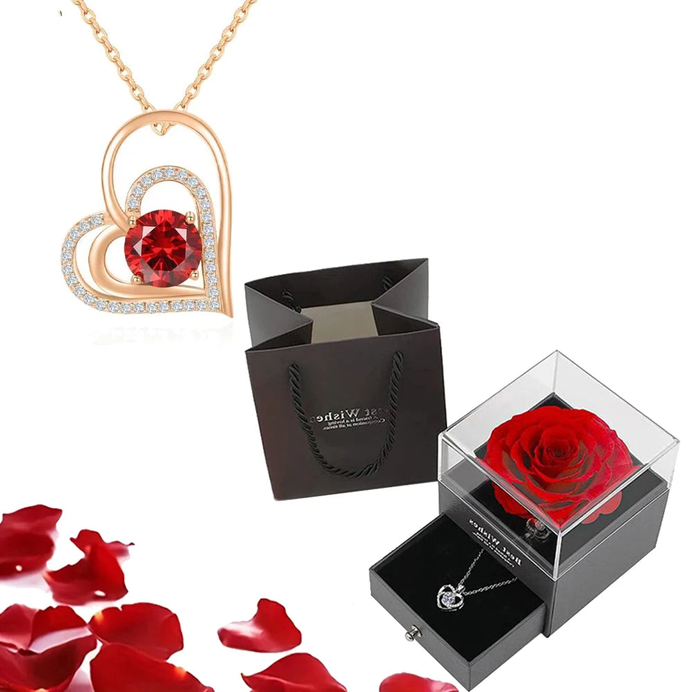 Luxury Red Zircon Pendant Necklaces With Rose Flower Gift Box For Girlfriend Women I Love You Gifts 2024 Trendy Wedding Jewelry Beauty World Shop