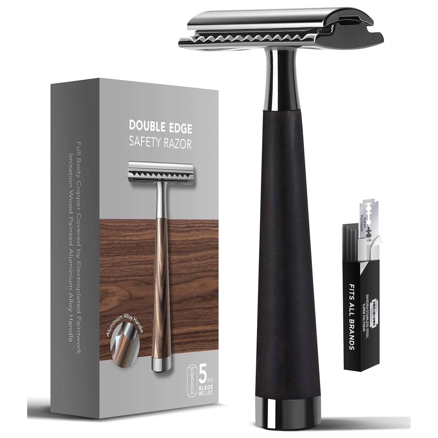 Double Edge Safety Razor, Zinc Alloy Handle Razor with 5 Swiss Stainless Steel Blades, Heavy Duty Eco-Friendly Razor f Beauty World Shop