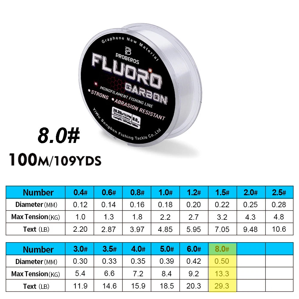 PROBEROS 100M Fluorocarbon Coating Fishing Line 2.2LB-29.3LB Carbon Fiber Monofilament Leader Line Carp Fishing Sinking Line Beauty World Shop