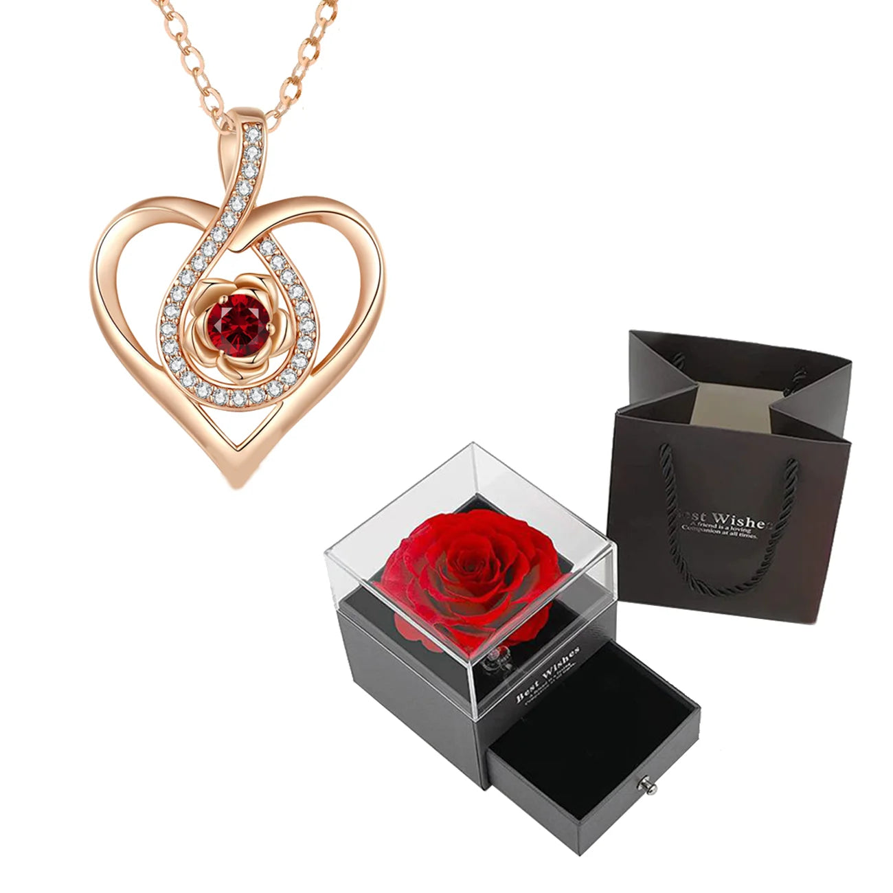 Luxury Red Zircon Pendant Necklaces With Rose Flower Gift Box For Girlfriend Women I Love You Gifts 2024 Trendy Wedding Jewelry Beauty World Shop