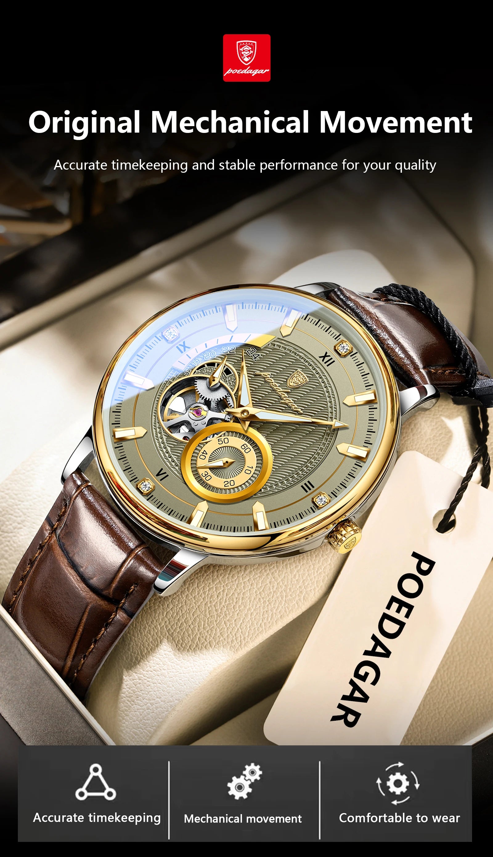 POEDAGAR Fashion Business Men Watch Waterproof Luminous Hollow Tourbillon Male Clock Automatic Mechanical Leather Men's Watches Beauty World Shop