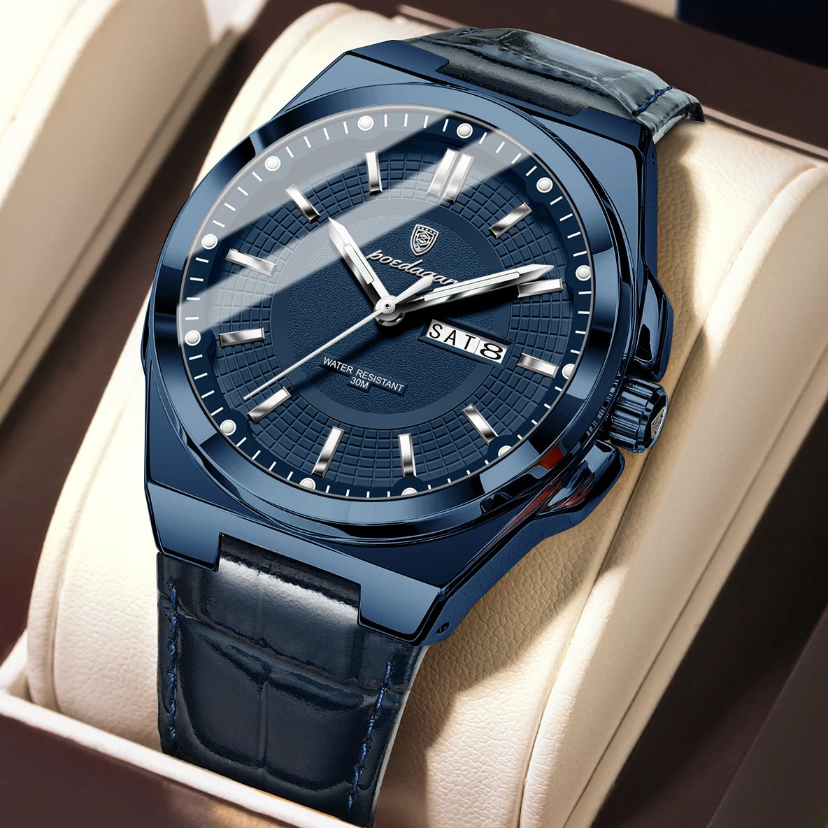 POEDAGAR Fashion Brand Man Wristwatch Waterproof Luminous Date Week Quartz Luxury Men's Watches Leather Business Men Watch Reloj Beauty World Shop