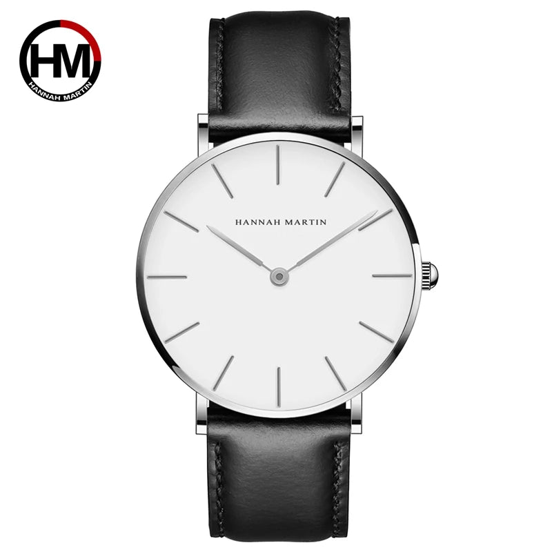 Hannah Martin Brand Fashion  Japan Quartz Wrist Watches Silver Brown Leather Men Watch Waterproof Dress Watch Men Casual Beauty World Shop