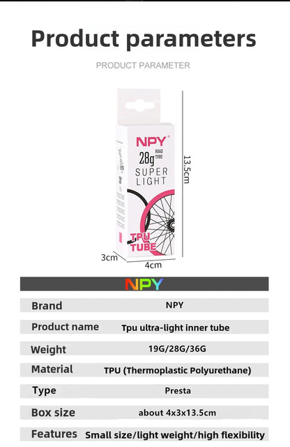 NPY 1Pcs Ultralight 28g Bike TPU Inner Tube 700X18 25 28 32 Road Bicycle TPU Material Tire 65mm Length French Valve Beauty World Shop
