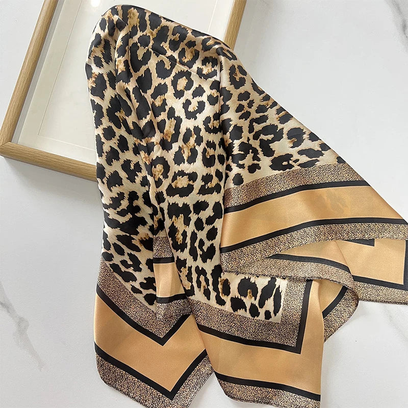 1pcs 70cm Leopard Print Silk Scarf for Women Imitation Silk Light Luxury Versatile Headwear Bag Decoration Clothing Square Scarf Beauty World Shop
