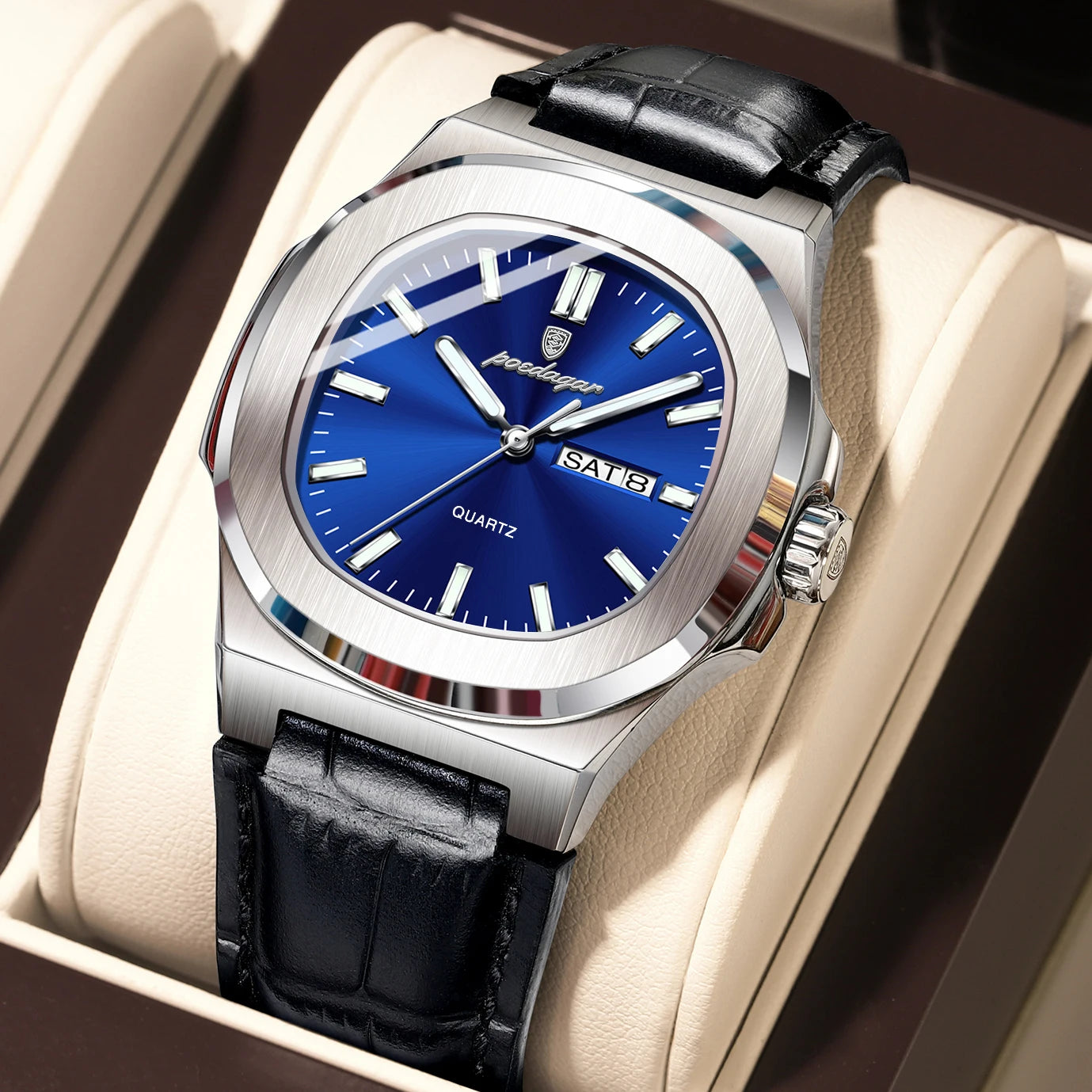 POEDAGAR Square Wristwatch For Men Luminous Waterproof Week Calendar Luxury Man Clock Leather Quartz Fashion Men's Watches Reloj Beauty World Shop