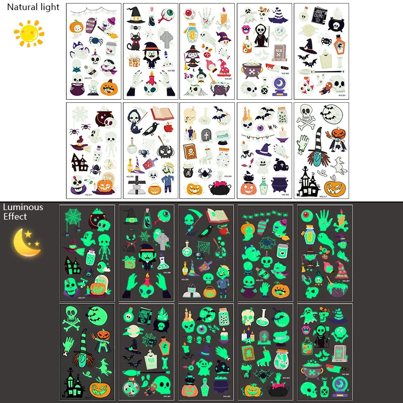 10Sheets Halloween Luminous Tattoo Stickers Ghost Pumpkin Kids Adults Halloween Party Decoration Glow In The Dark Supplies Gifts Beauty World Shop