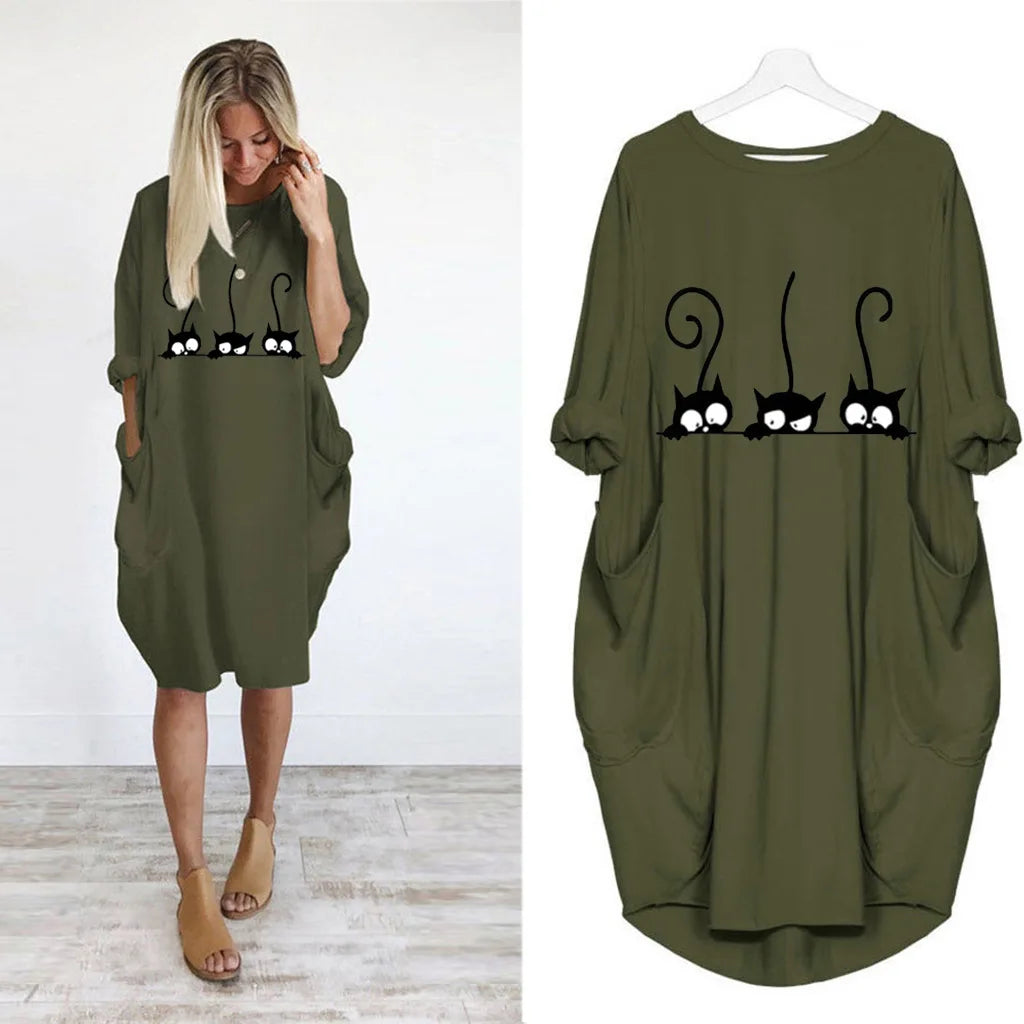 Women's Loose  Long Sleeved Summer Plus Size Dress Autumn  Winter Casual Round Neck Solid Color Long Sleeve Pocket Loose Pullove Beauty World Shop