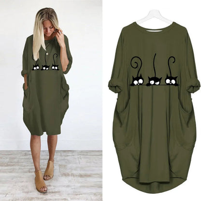 Women's Loose  Long Sleeved Summer Plus Size Dress Autumn  Winter Casual Round Neck Solid Color Long Sleeve Pocket Loose Pullove Beauty World Shop
