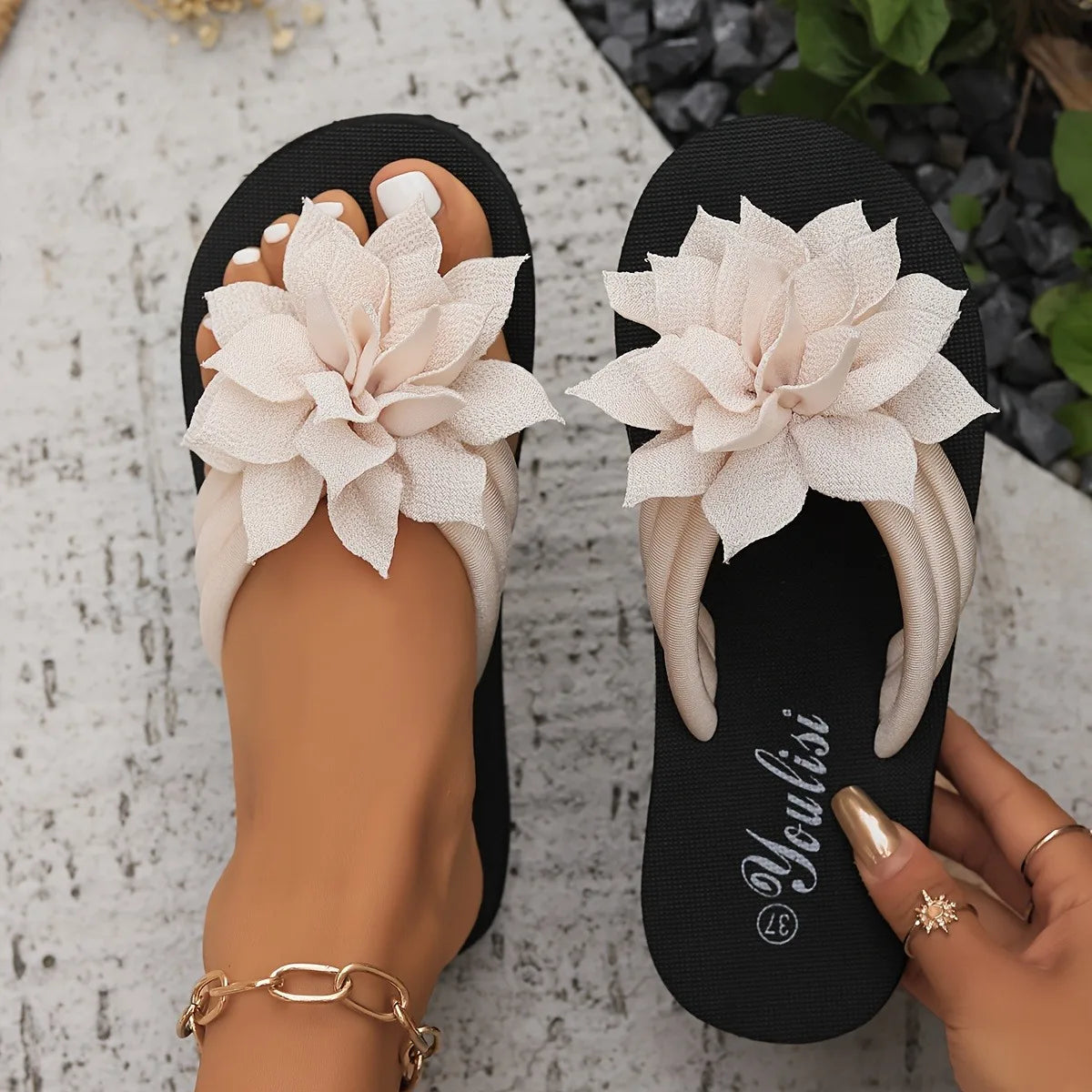 Women's Floral Flip Flops SlipOn Vacation Style Mid Heel Sandals Fabric Upper EVA Sole Insole Solid Color Summer Casual Footwear Beauty World Shop
