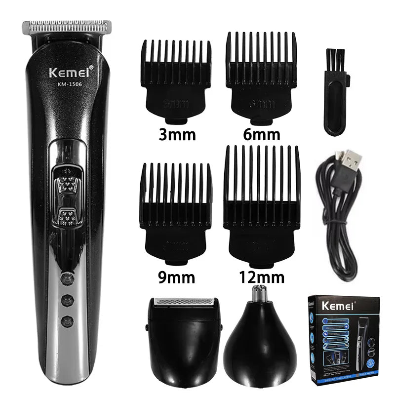 Kemei KM-1506 3 in 1 Electric Hair Clipper USB Charging Shaver Rechargeable Nose Hair Trimmer Professional Shaving Machine Beauty World Shop