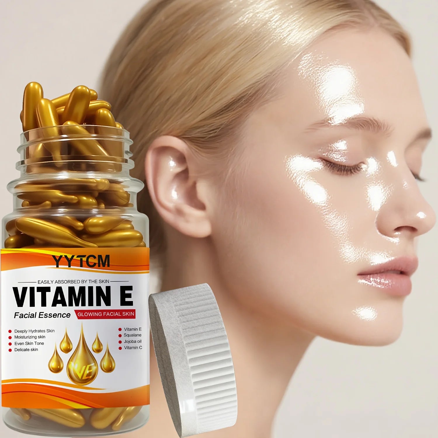 Vitamin E Deep Moisturizing Capsule Essence, Hydrates and Smooths Skin, Contains Plant-Based Squalane, Vitamin C, Deep Hydration and Skin Brightening Essence (0.4Gx90 Capsules)/Bottle-1 Bottle Beauty World Shop