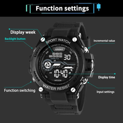 YIKAZE Men's Sports Watch Waterproof Man Sport Watches Multifuction LED Digital Military Watch Alarm Clock Electronic Wristwatch Beauty World Shop