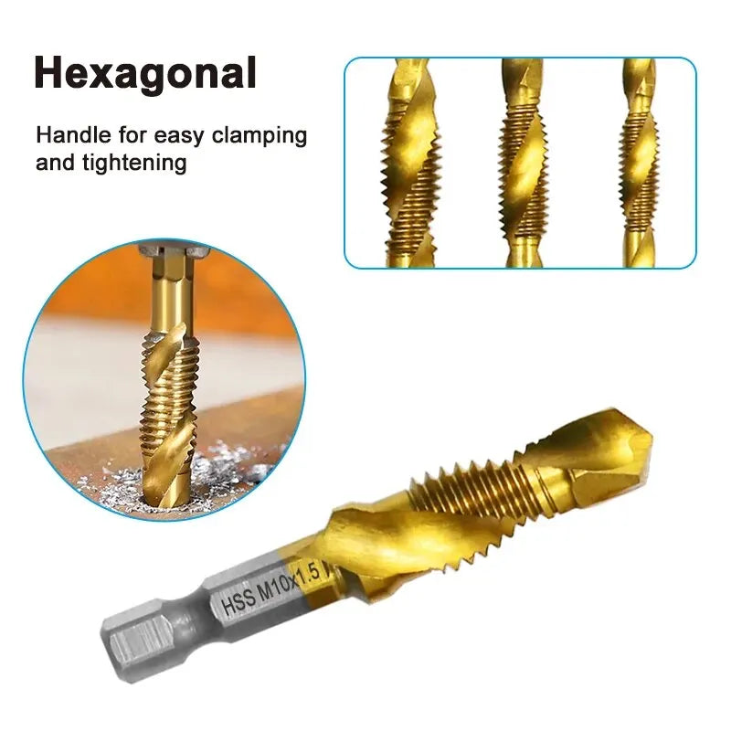 6pc High-speed Steel 4341 Titanium Plated Composite Tap Drill and Tap Integrated Machine Tap Open and Chamfer Tool Set Beauty World Shop