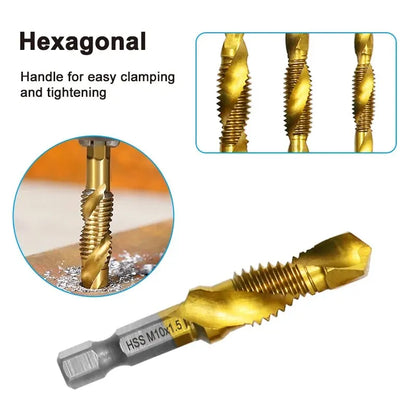 6pc High-speed Steel 4341 Titanium Plated Composite Tap Drill and Tap Integrated Machine Tap Open and Chamfer Tool Set Beauty World Shop