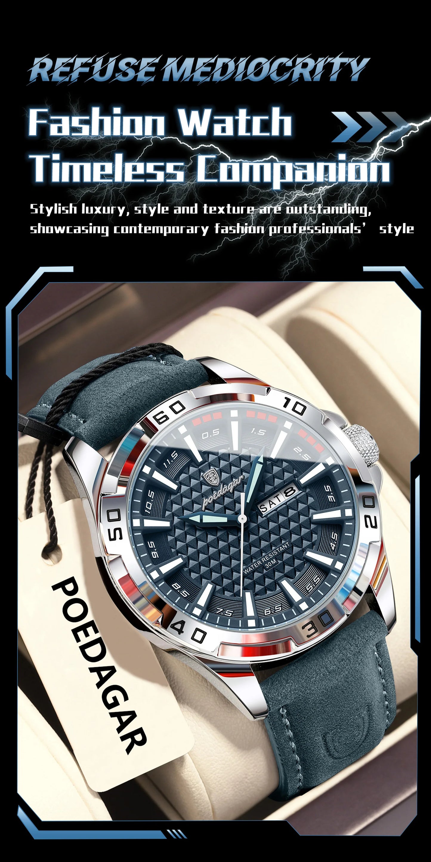 POEDAGAR Original Men Watch Luxury Waterproof Luminous Date Week Watch For Man Quartz Leather Fashion Men's Watches Reloj Hombre Beauty World Shop
