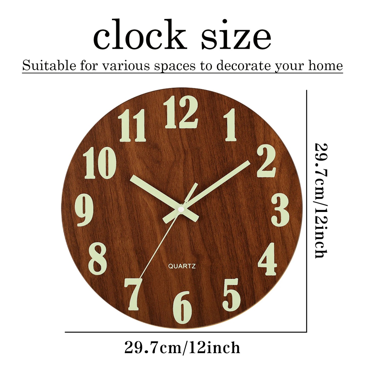 12 Inch Luminous Wall Clock Wood Silent light in dark night Nordic Fashion Wall Clock Non Ticking Clock With Night Light Beauty World Shop