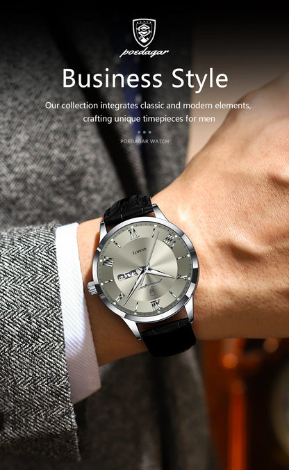 POEDAGAR Business Brand Men Clock Waterproof Luminous Date Week Fashion Man Wristwatch Leather Luxury Men's Quartz Watches Reloj Beauty World Shop